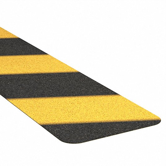 Anti-Slip Tread: Very Coarse, 46 Grit Size, Black/Yellow, Striped, 6 in x 24 in, Acrylic, 10 PK