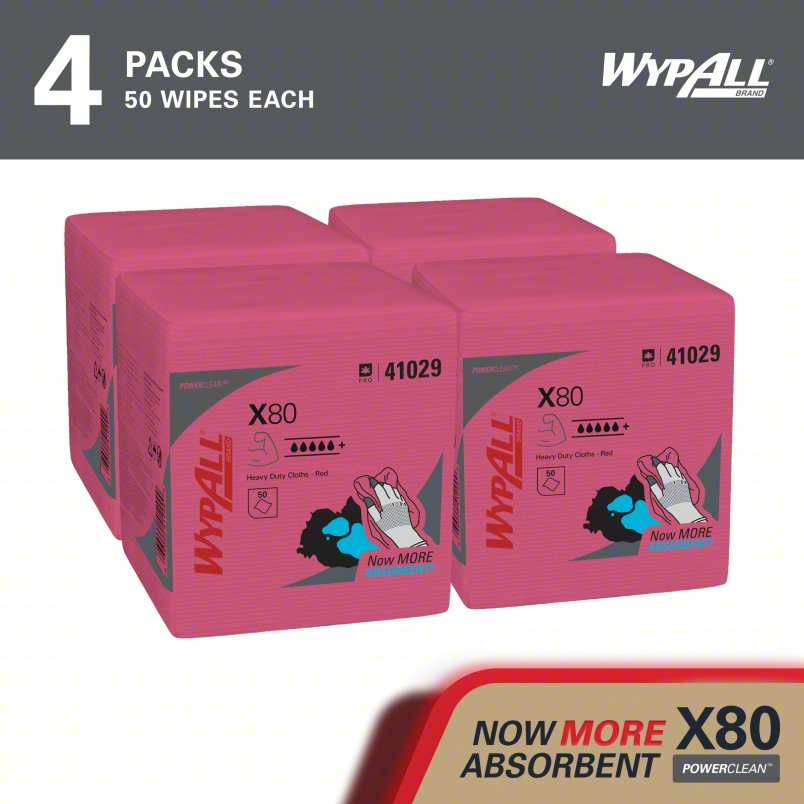 WYPALL Dry Wipe: 1/4 Fold, Super Heavy Absorbency, Excellent Wet Strength, WYPALL® X80, Red, 4 PK