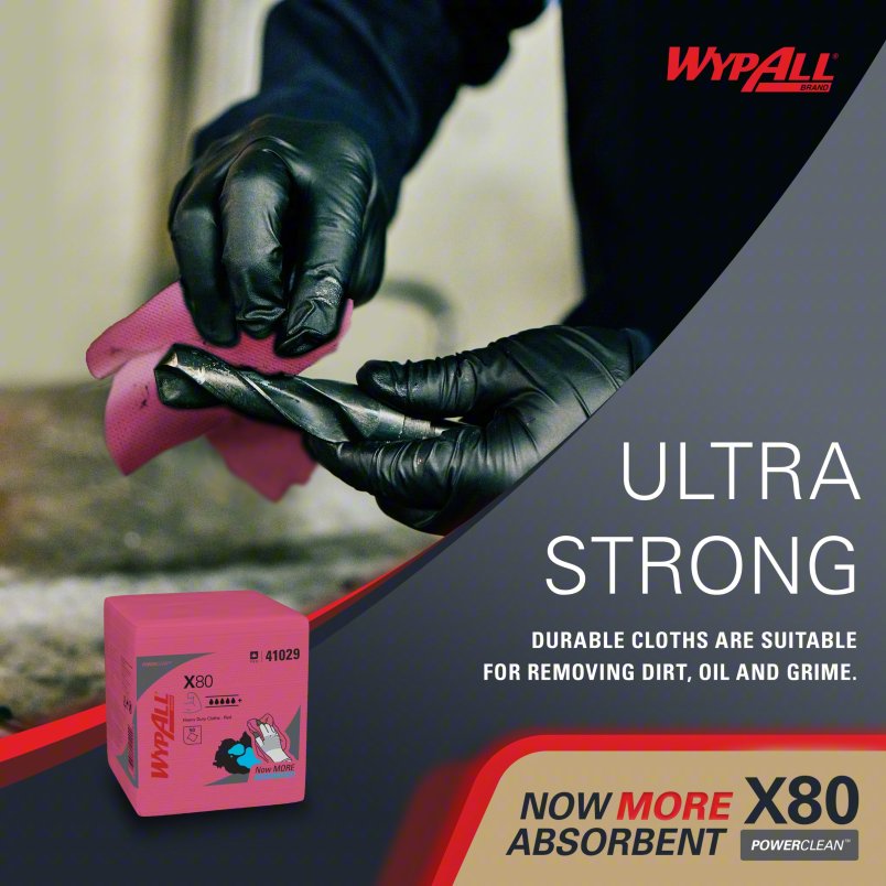 WYPALL Dry Wipe: 1/4 Fold, Super Heavy Absorbency, Excellent Wet Strength, WYPALL® X80, Red, 4 PK