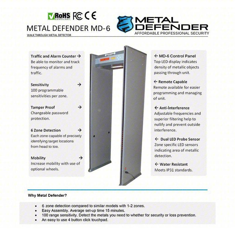 METAL DEFENDER Walk-Through Metal Detector: Metal Defender, 6 Zones, 87 1/2 in x 32 in x 15 1/2 in