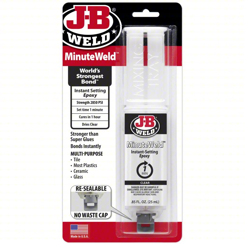 J-B WELD Epoxy Adhesive: MinuteWeld, Ambient Cured, 25 mL, Syringe, Clear, Gel