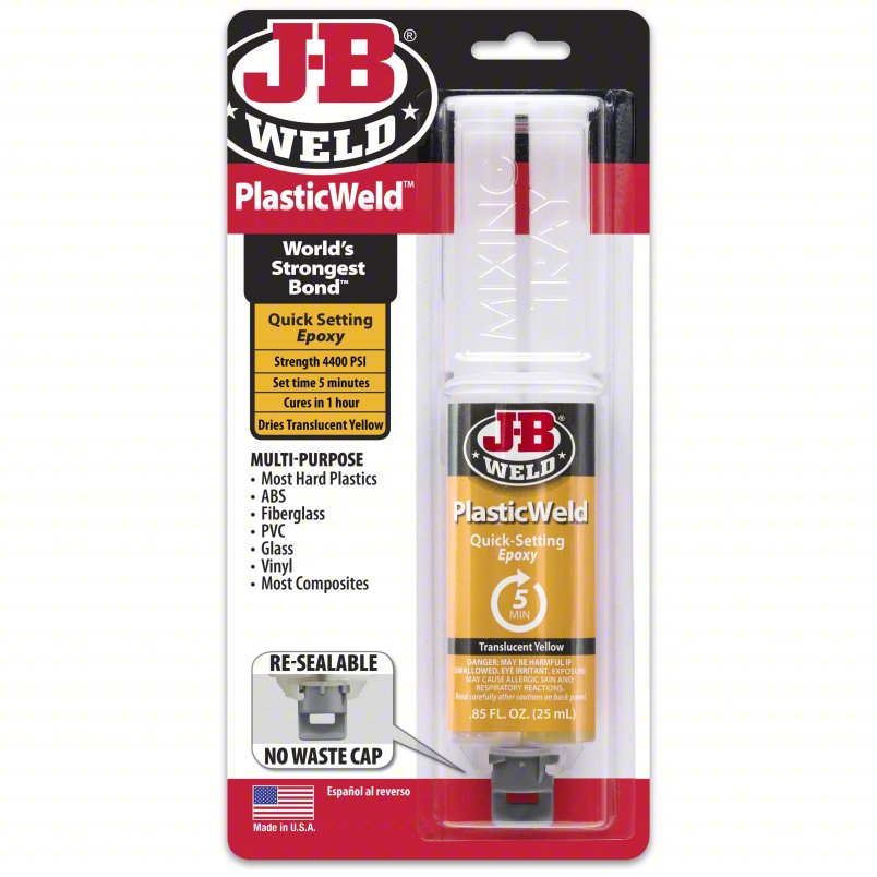 J-B WELD Epoxy Adhesive: PlasticWeld, Ambient Cured, 25 mL, Syringe, Translucent Yellow, Gel