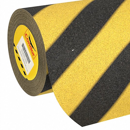 Anti-Slip Tape: Very Coarse, 46 Grit Size, Striped, Black/Yellow, 24 in x 60 ft, 30 mil Tape Thick