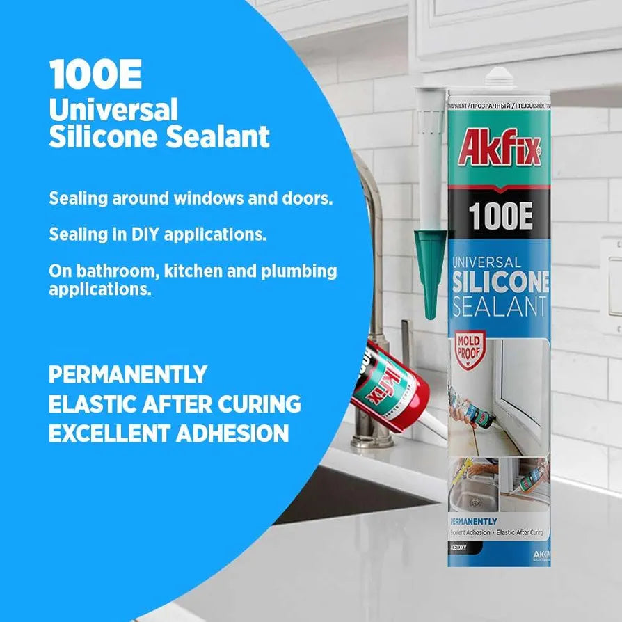 Akfix 100E RTV Silicone Caulk Clear - 100% Silicone Sealant Waterproof for Kitchen and Bathroom, Shower, Window and Door | Clear, 12 Pack
