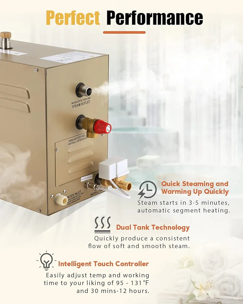 CGOLDENWALL 6KW Commercial Self-Draining Steam Generator Shower System Home Steam Bath Spa Generator 30 min to 12 Hours with Auto Drain 95-131℉ for Suitable Space Heating 6 m³/212 Cubic feet