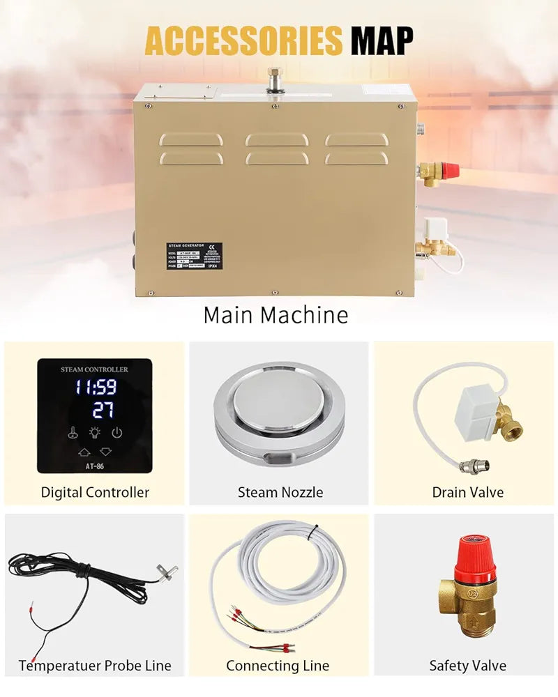 CGOLDENWALL 6KW Commercial Self-Draining Steam Generator Shower System Home Steam Bath Spa Generator 30 min to 12 Hours with Auto Drain 95-131℉ for Suitable Space Heating 6 m³/212 Cubic feet