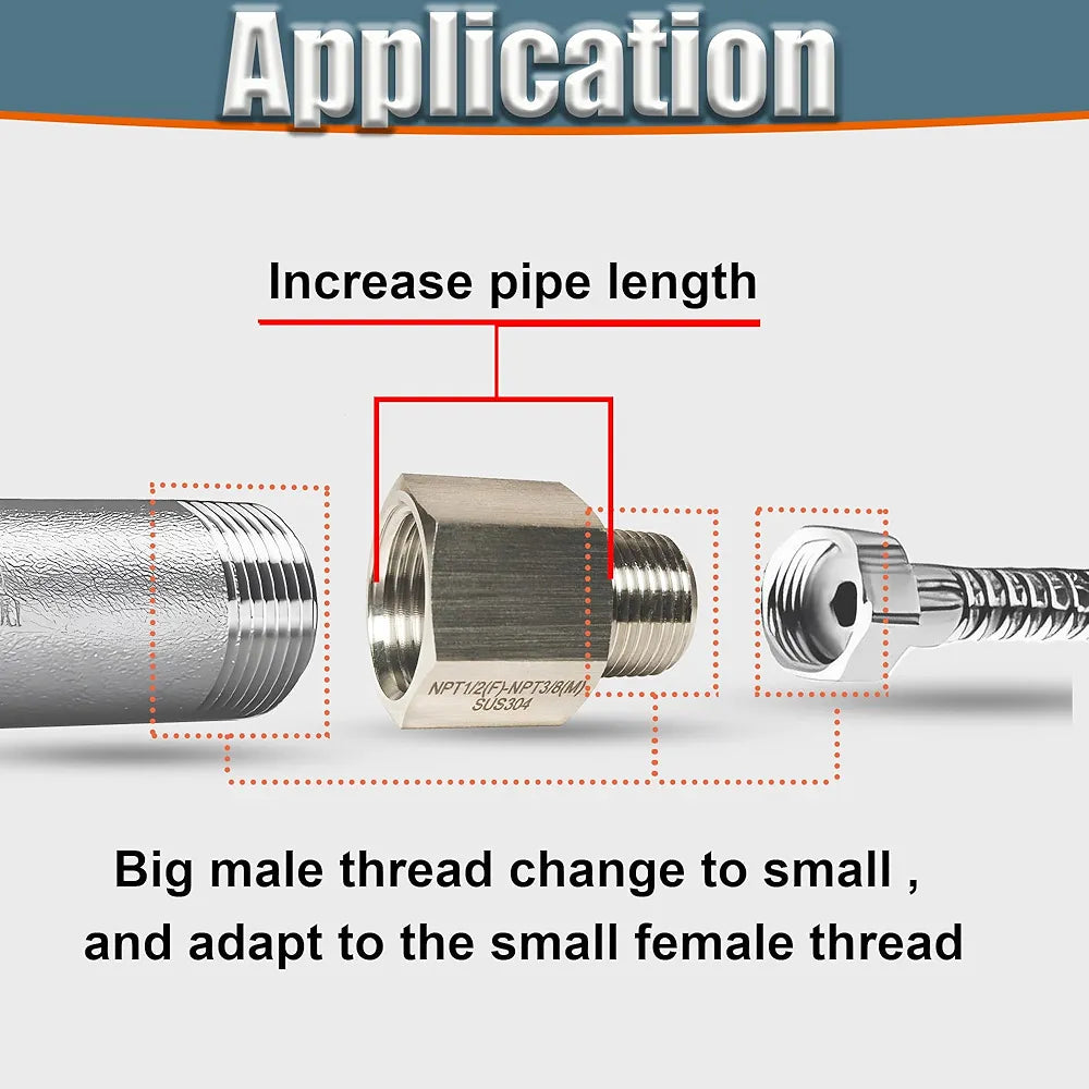 3/8" MNPT X 1/2" FNPT Reducer Adapter, 304 Stainless Steel NPT Thread Reducing Pipe Fittings Adapter, 2PCS 1/2 Inch Female to 3/8 Inch Male Reducer Pipe Extension Connector