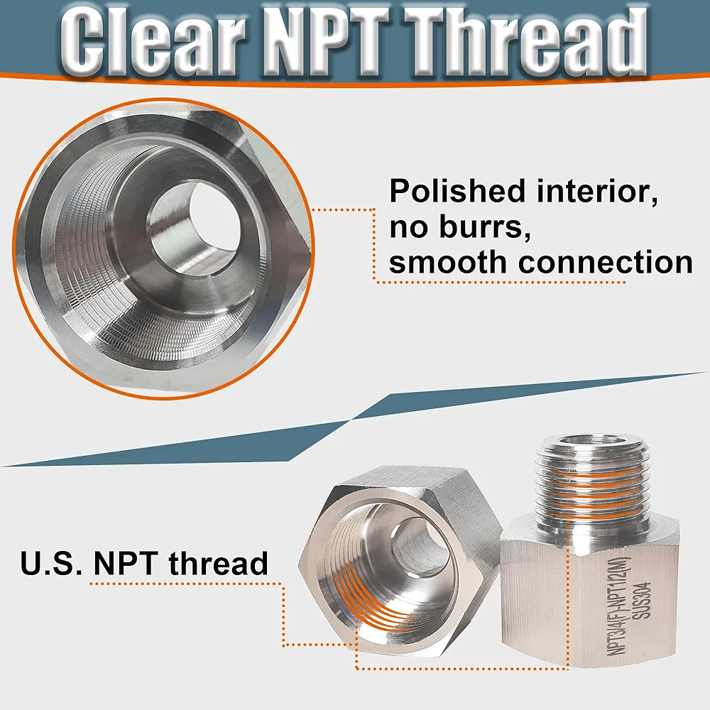 3/8" MNPT X 1/2" FNPT Reducer Adapter, 304 Stainless Steel NPT Thread Reducing Pipe Fittings Adapter, 2PCS 1/2 Inch Female to 3/8 Inch Male Reducer Pipe Extension Connector