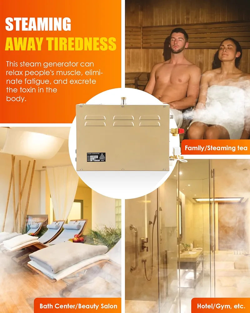 CGOLDENWALL 6KW Commercial Self-Draining Steam Generator Shower System Home Steam Bath Spa Generator 30 min to 12 Hours with Auto Drain 95-131℉ for Suitable Space Heating 6 m³/212 Cubic feet