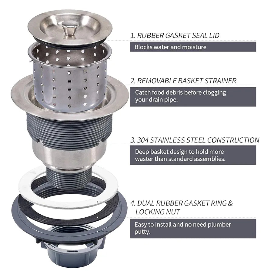 3-1/2 Inch Sink Drain Assembly Kit, Removable Deep Sink Strainer Basket with Sink Stopper/Sealing Lid for Home, Kitchen, Stainless Steel