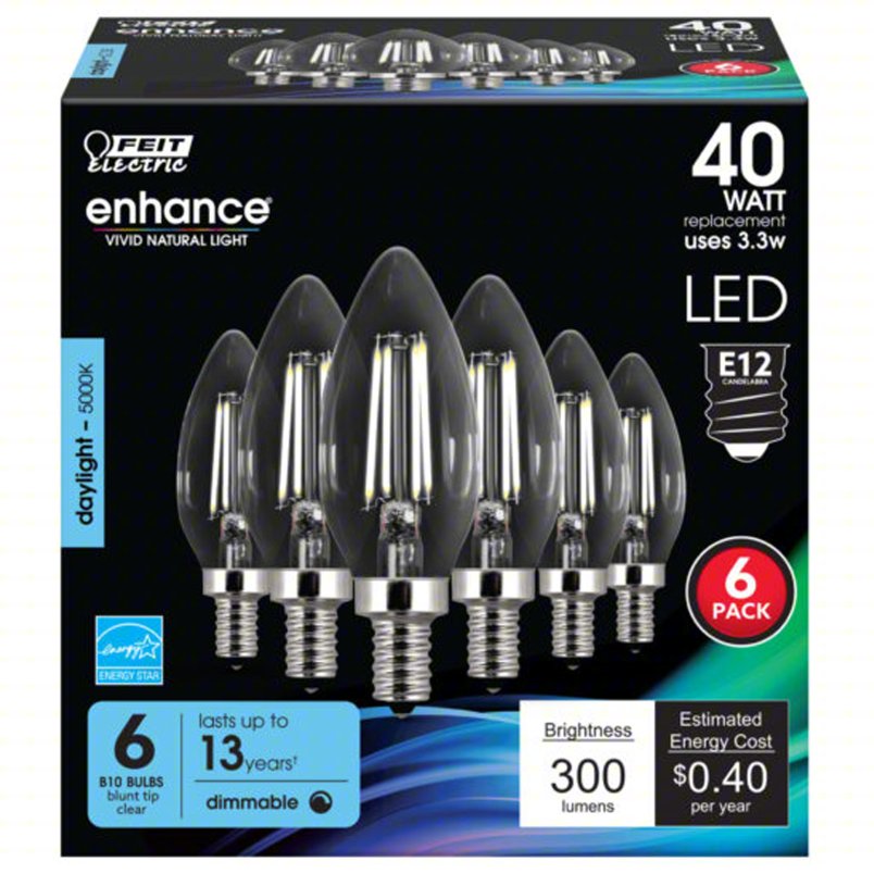 FEIT ELECTRIC Compact LED Bulb: Candelabra Screw (E12), LED, (B) Bullet, B10, 3.3 W Watt, 5000K