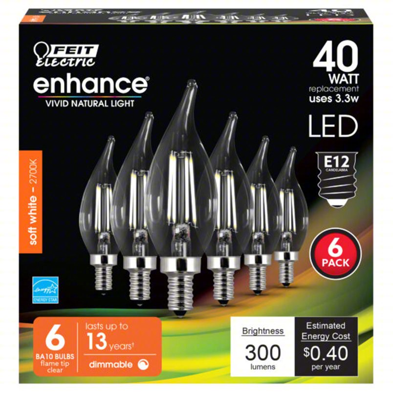 FEIT ELECTRIC Compact LED Bulb: Candelabra Screw (E12), LED, (BA) Bullet Angled, BA10, 3.3 W Watt