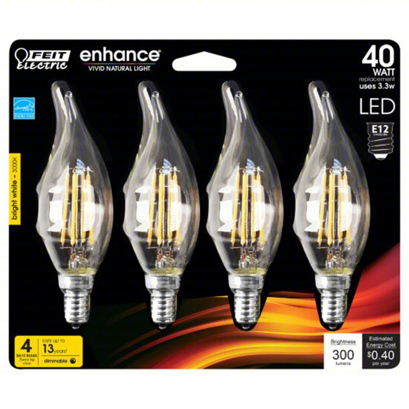 FEIT ELECTRIC Compact LED Bulb: Candelabra Screw (E12), LED, (BA) Bullet Angled, BA10, 3.3 W Watt