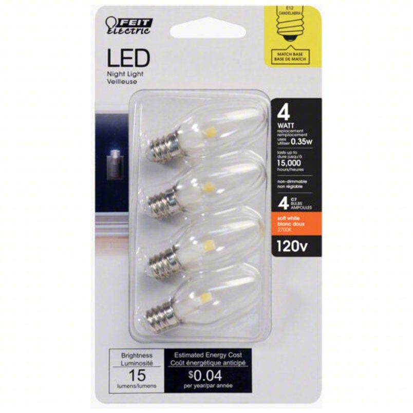 FEIT ELECTRIC Compact LED Bulb: Candelabra Screw (E12), LED, (C) Candle, C7, 0.35 W Watt, 2700K