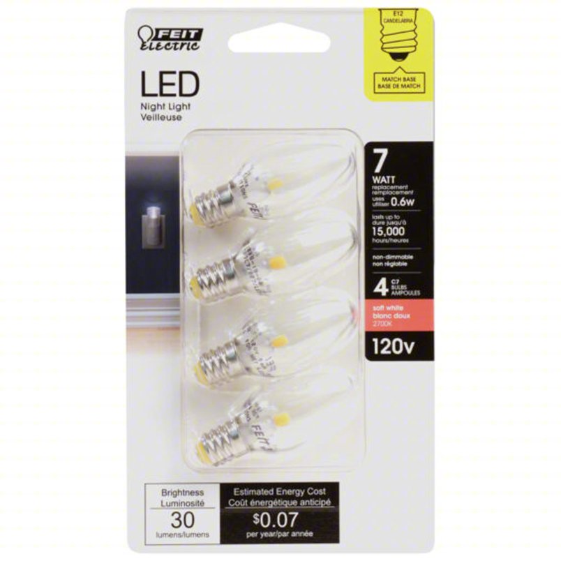 FEIT ELECTRIC Compact LED Bulb: Candelabra Screw (E12), LED, (C) Candle, C7, 0.6 W Watt, 2700K