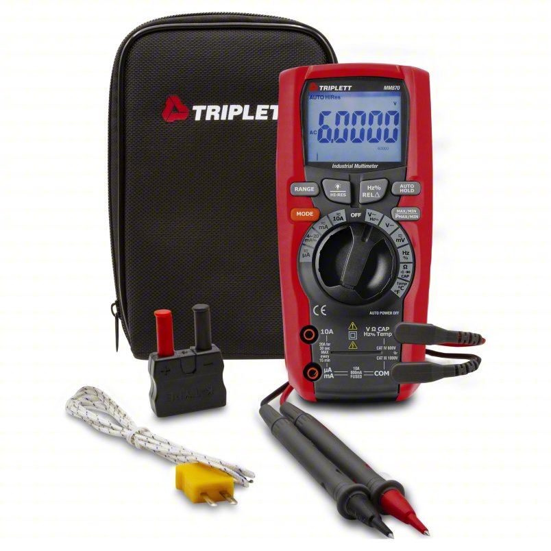 TRIPLETT RMS Multimeter: TRMS, (4) AAA Batteries/Test Leads/Type K Temp Probe, Dustproof /Waterproof