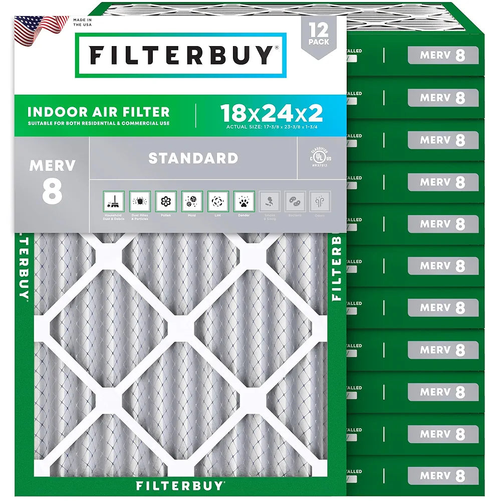 Filterbuy 18x24x2 Air Filter MERV 8 Dust Defense , Pleated HVAC AC Furnace Air Filters Replacement