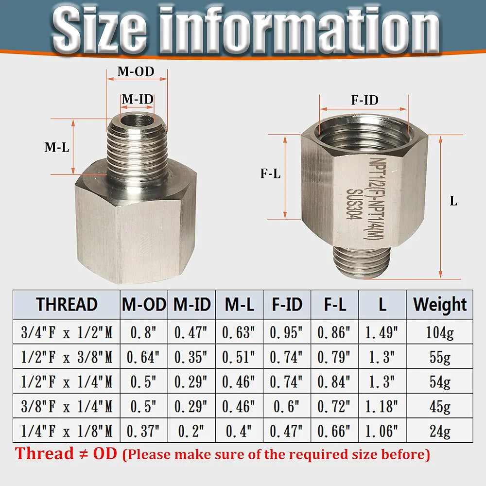 3/8" MNPT X 1/2" FNPT Reducer Adapter, 304 Stainless Steel NPT Thread Reducing Pipe Fittings Adapter, 2PCS 1/2 Inch Female to 3/8 Inch Male Reducer Pipe Extension Connector