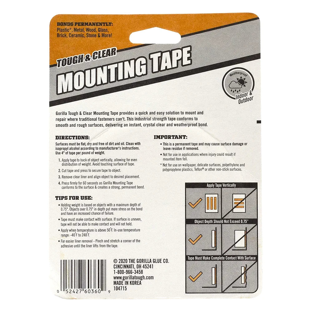 Gorilla Tough & Clear Double Sided Mounting Tape, Clear Tape, 1" x 150" - Weatherproof for Indoor or Outdoor