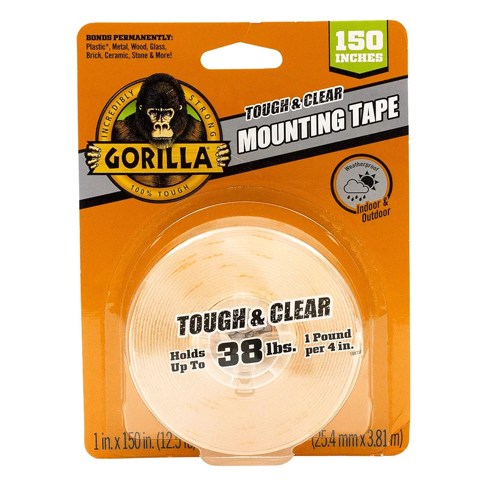 Gorilla Tough & Clear Double Sided Mounting Tape, Clear Tape, 1" x 150" - Weatherproof for Indoor or Outdoor