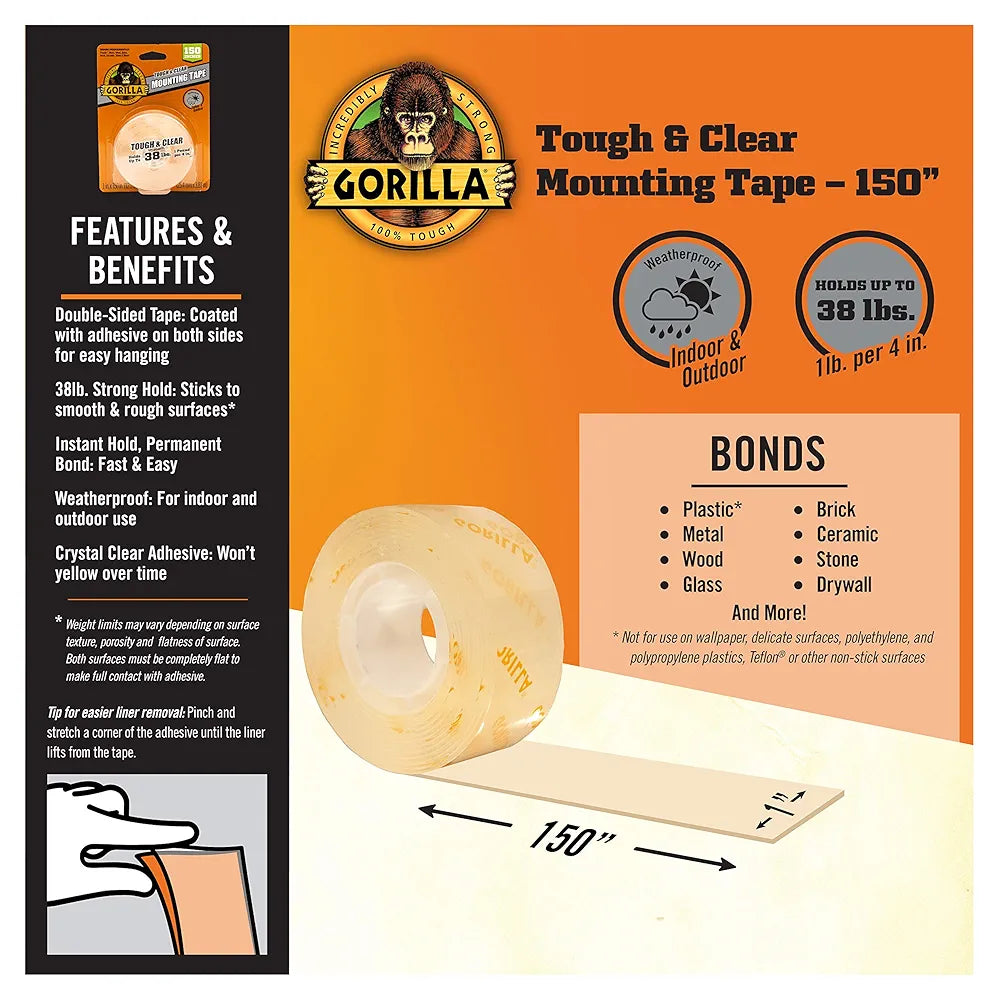 Gorilla Tough & Clear Double Sided Mounting Tape, Clear Tape, 1" x 150" - Weatherproof for Indoor or Outdoor