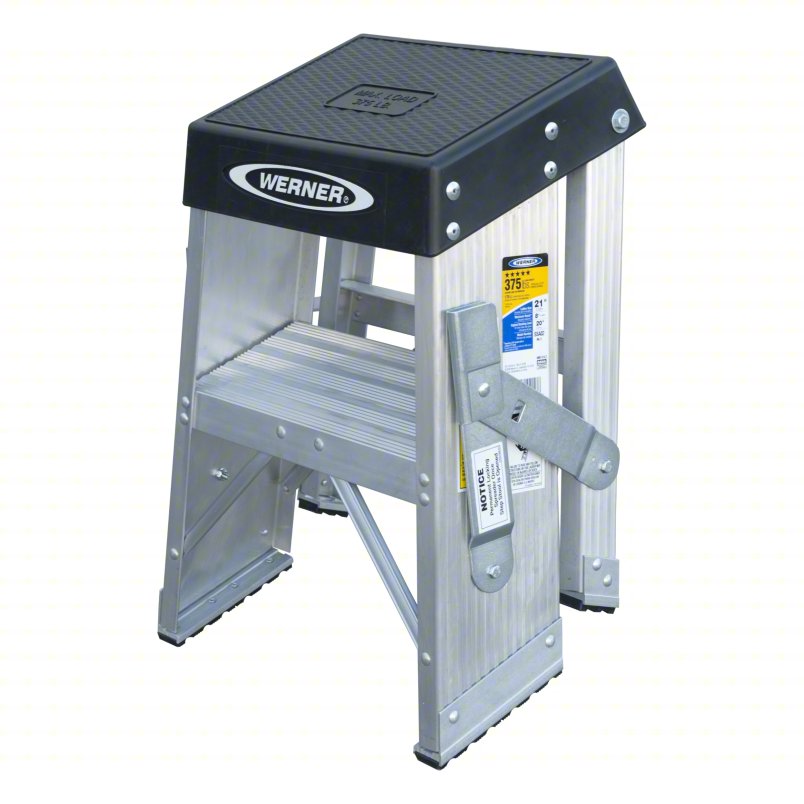 WERNER Step Stool: 2 Steps, 3 ft Overall Ht, 375 lb Load Cap, Aluminum, 1.7 ft Standing Ht