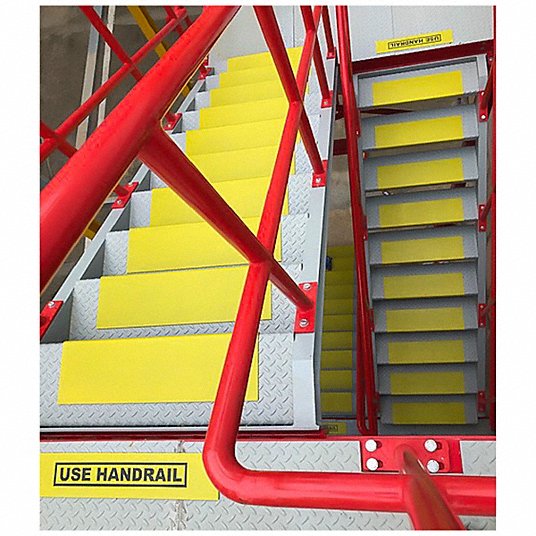 Anti-Slip Stair Nosing: Full Coverage Grit, Steel, 18 in Wd, 5 7/64 in Dp, Yellow, 51/64 in Nose Ht