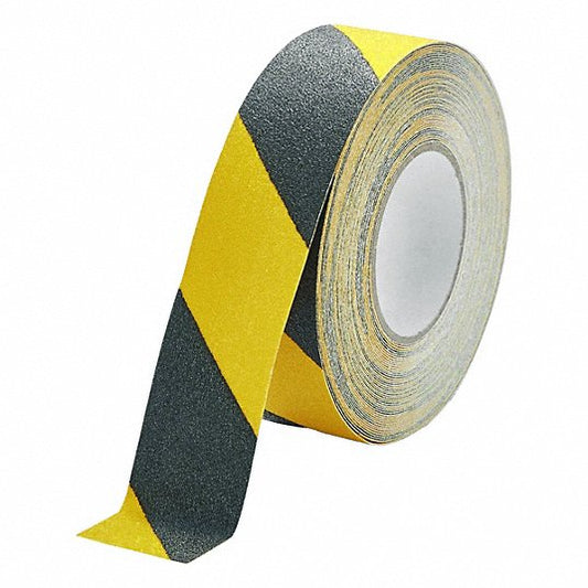 Anti-Slip Tape: Coarse, 60 Grit Size, Striped, Black/Yellow, 2 in x 49 13/64 ft, 0.7 mm Tape Thick