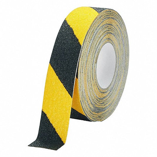 Anti-Slip Tape: Extra-Coarse Abrasive, 36 Grit Size, Striped, Black/Yellow, 2 in x 49 13/64 ft