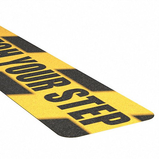 Anti-Slip Tread: Coarse, 60 Grit Size, Black/Yellow, Message, 6 in x 24 in, 32 mil Tape Thick, 24 PK