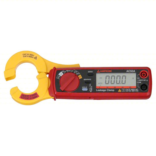 AMPROBE Digital Current Leakage Tester: Clamp-Jaw Jaw, CAT II 600V/CAT III 300V, Avg, AC50A