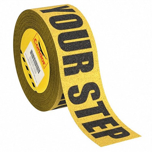 Anti-Slip Tape: Coarse, 60 Grit Size, Message, Black/Yellow, 3 in x 60 ft, 33 mil Tape Thick