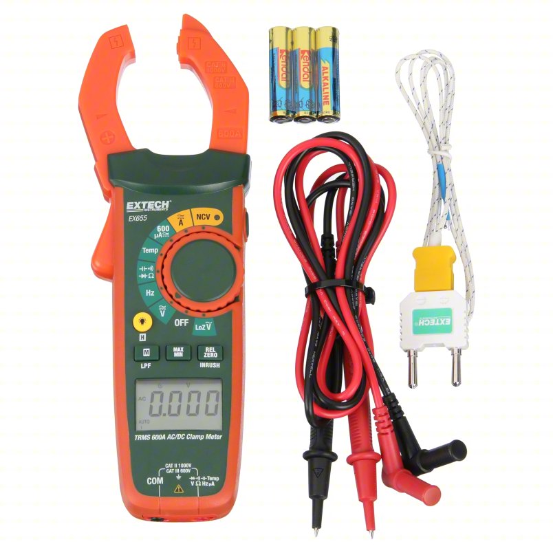 EXTECH Digital Clamp Meter: Clamp-Jaw Jaw, CAT II 1000V/CAT III 600V, TRMS, 600 A Max. AC Current