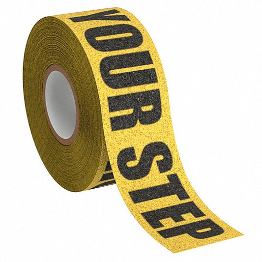 Anti-Slip Tape: Very Coarse, 46 Grit Size, Message, Black/Yellow, 3 in x 60 ft, 36 mil Tape Thick