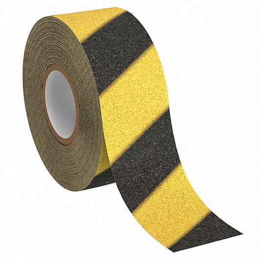 Anti-Slip Tape: Very Coarse, 46 Grit Size, Striped, Black/Yellow, 3 in x 60 ft, 36 mil Tape Thick