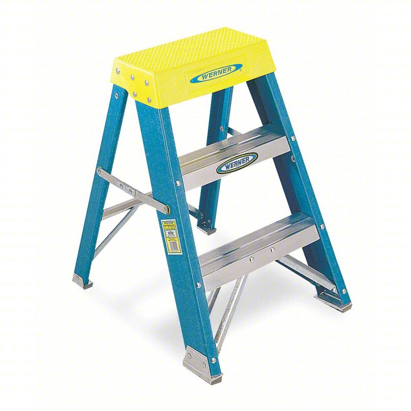 WERNER Step Stool: 2 Steps, 2 ft Overall Ht, 250 lb Load Cap, Fiberglass, 2 ft Standing Ht