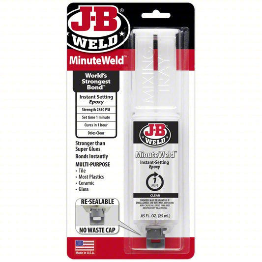 J-B WELD Epoxy Adhesive: MinuteWeld, Ambient Cured, 25 mL, Syringe, Clear, Gel