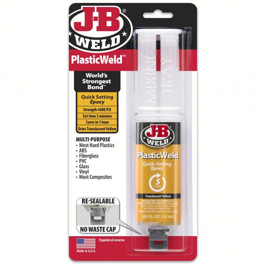 J-B WELD Epoxy Adhesive: PlasticWeld, Ambient Cured, 25 mL, Syringe, Translucent Yellow, Gel