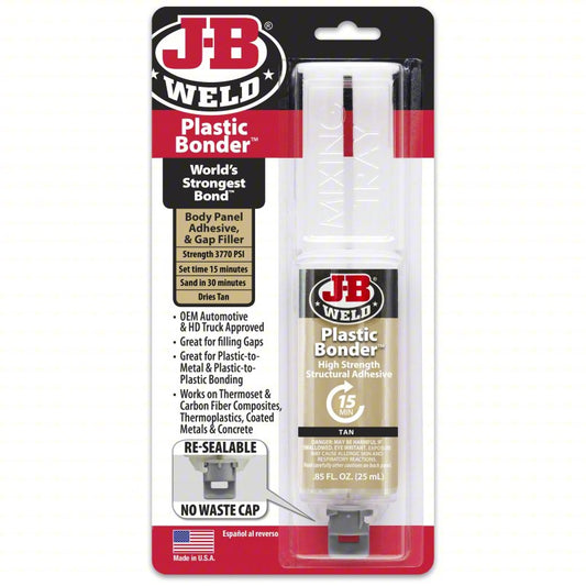 J-B WELD Epoxy Adhesive: PlasticBonder, Ambient Cured, 25 mL, Syringe, Tan, Thick Liquid