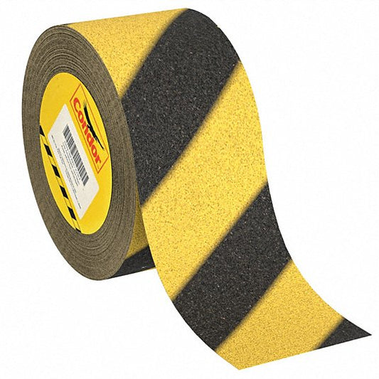 Anti-Slip Tape: Very Coarse, 46 Grit Size, Striped, Black/Yellow, 6 in x 60 ft, Acrylic, 2 PK