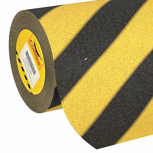 Anti-Slip Tape: Very Coarse, 46 Grit Size, Striped, Black/Yellow, 24 in x 60 ft, 30 mil Tape Thick