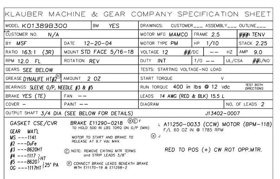 Klauber RV Slideout Motor,  # K01389B300