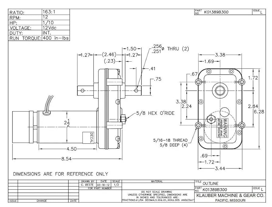 Klauber RV Slideout Motor,  # K01389B300
