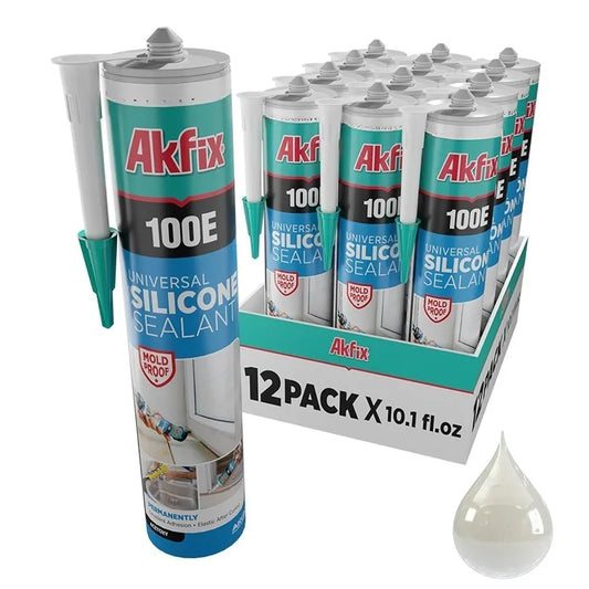 Akfix 100E RTV Silicone Caulk Clear - 100% Silicone Sealant Waterproof for Kitchen and Bathroom, Shower, Window and Door | Clear, 12 Pack