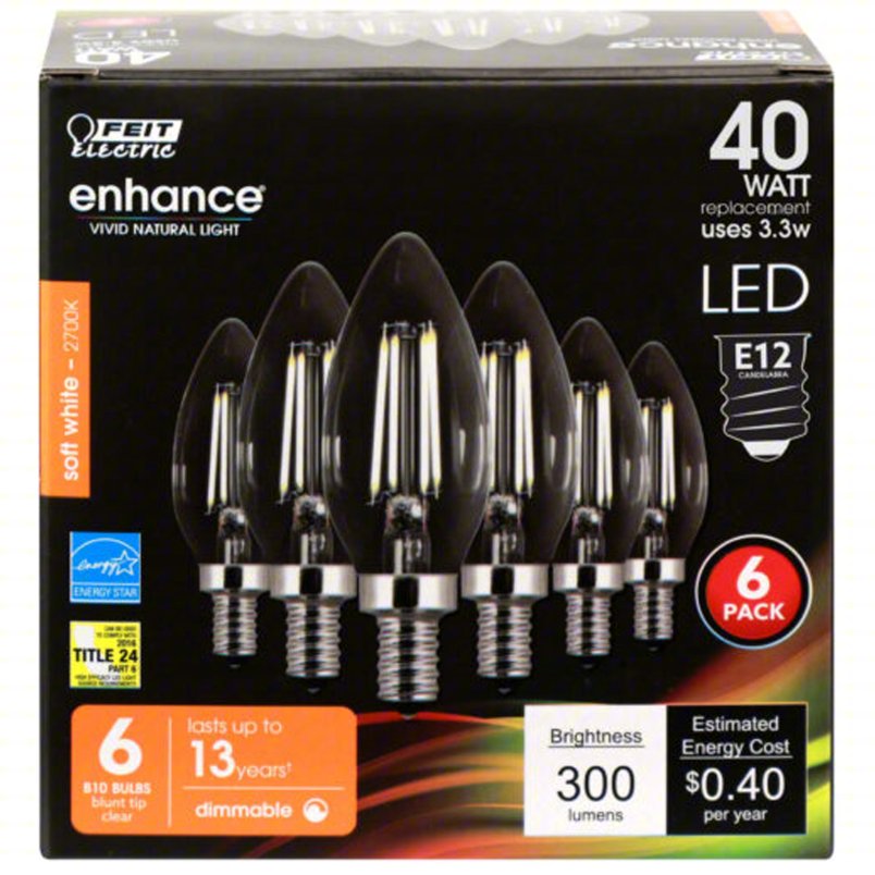 FEIT ELECTRIC Compact LED Bulb: Candelabra Screw (E12), LED, (B) Bullet, B10, 3.3 W Watt, 2700K