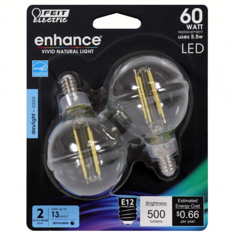 FEIT ELECTRIC Compact LED Bulb: Candelabra Screw (E12), LED, (G) Globe, G16-1/2, 5.5 W Watt, 5000K