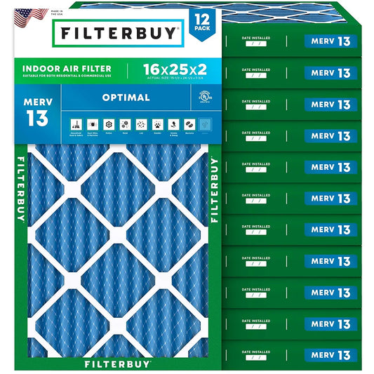 Filterbuy 16x25x2 Air Filter MERV 13 Optimal Defense , Pleated HVAC AC Furnace Air Filters Replacement 