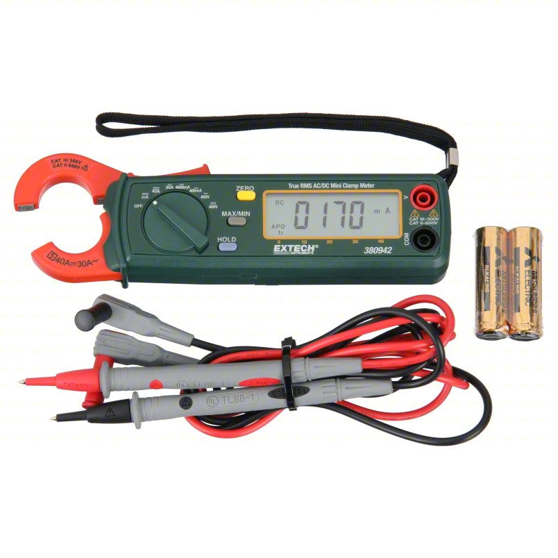 EXTECH Digital Clamp Meter: Clamp-Jaw Jaw, CAT III 300V, TRMS, 30 A Max. AC Current, 380942