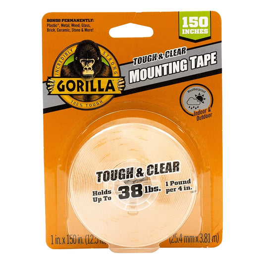 Gorilla Tough & Clear Double Sided Mounting Tape, Clear Tape, 1" x 150"  - Weatherproof for Indoor or Outdoor