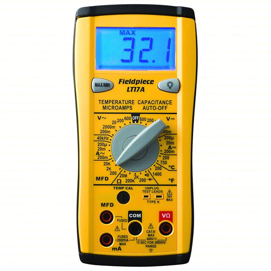 FIELDPIECE Digital Multimeter: TRMS, CAT III 600V, CAT III 600V, 200 mA Max AC Current Measurement